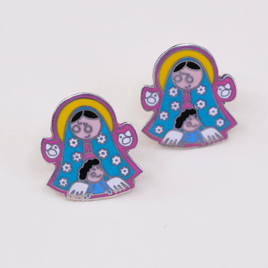 Sterling silver handmade earrings, 925 studs w/ enamel Virgin Mary and Jesus