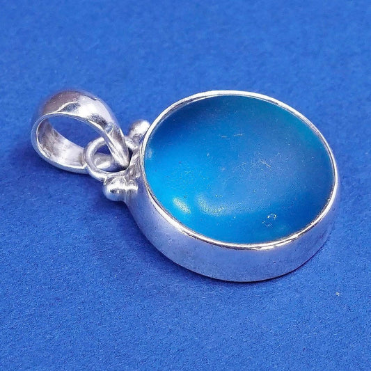 vtg sterling silver handmade pendant, 925 w/ blue Matt glass