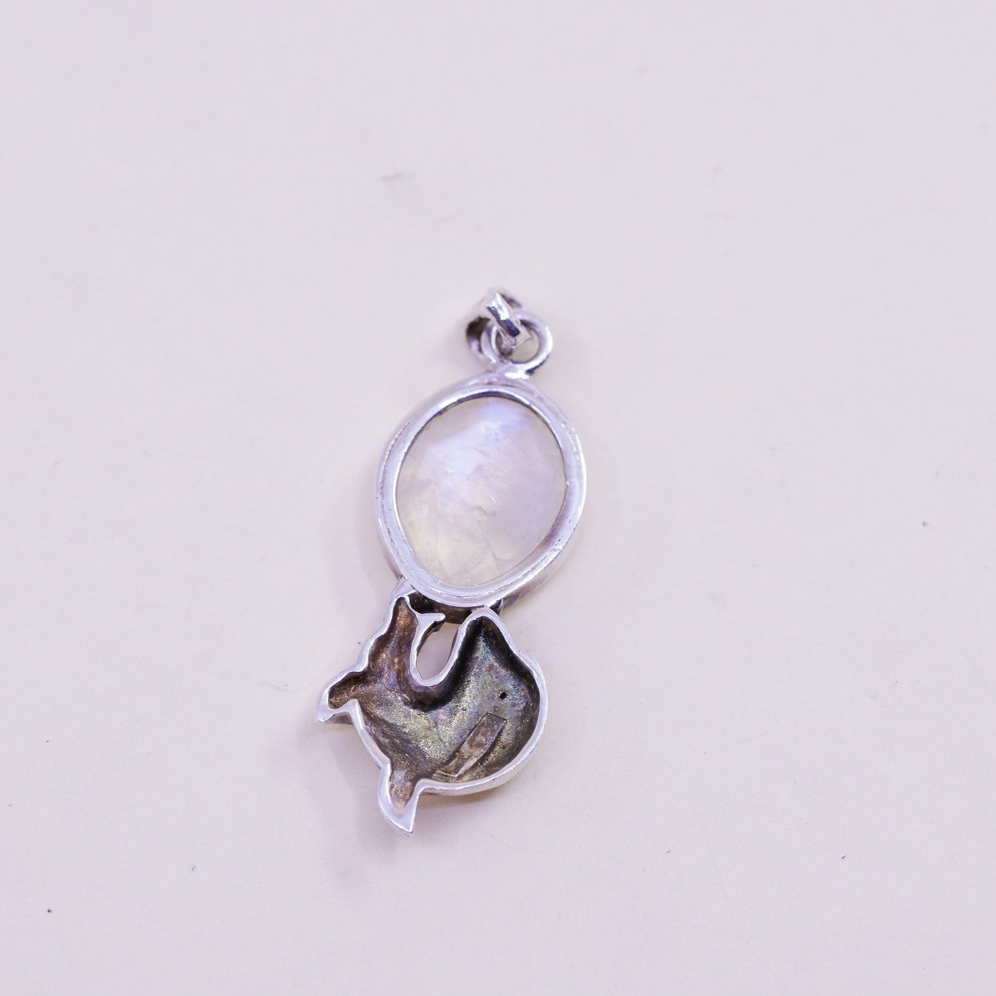 Vintage Sterling 925 silver handmade dolphin pendant with moonstone