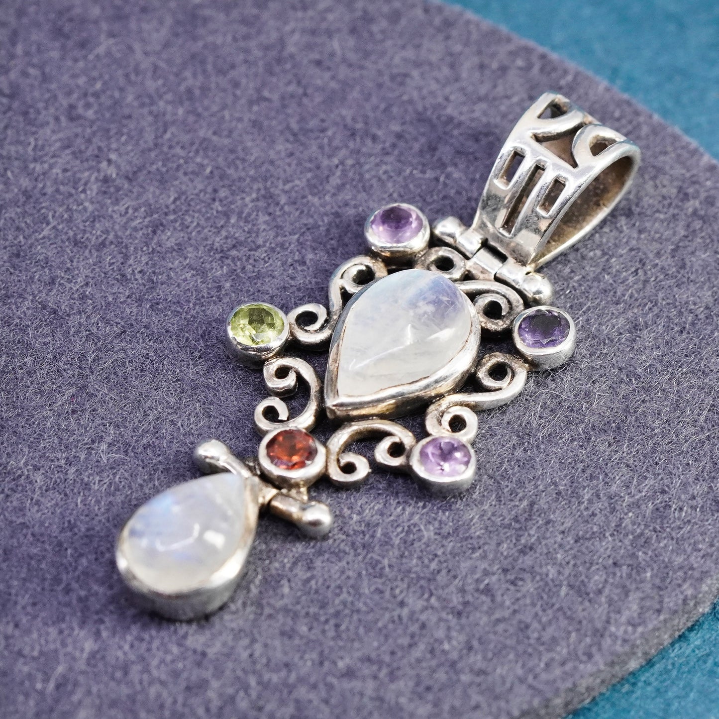 Sterling 925 silver handmade pendant W teardrop moonstone peridot amethyst ruby