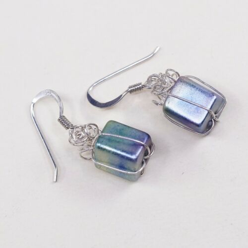 Vtg Sterling Silver Handmade Earrings W/ Blue Glass, 925 Gift Box W/ Glass