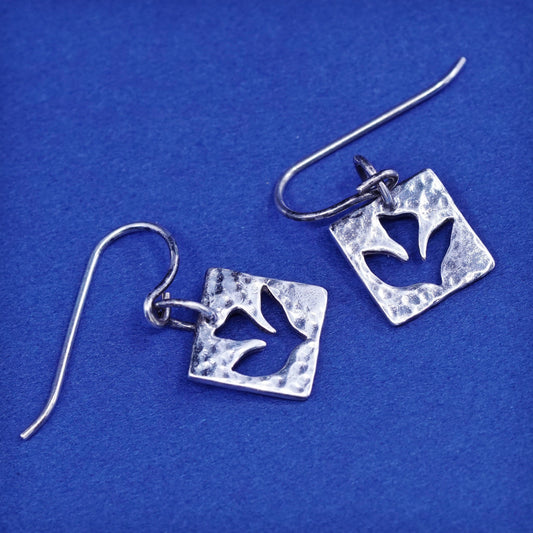 vtg sterling silver handmade earrings, 925 square drops w/ leaf cutout