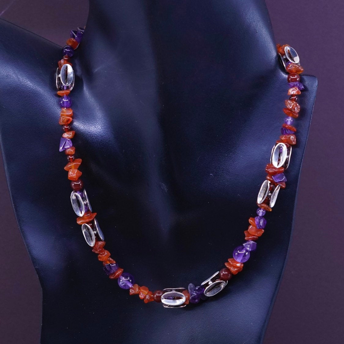 17", Sterling silver handmade necklace, 925 bead w/ Carnelian N amethyst