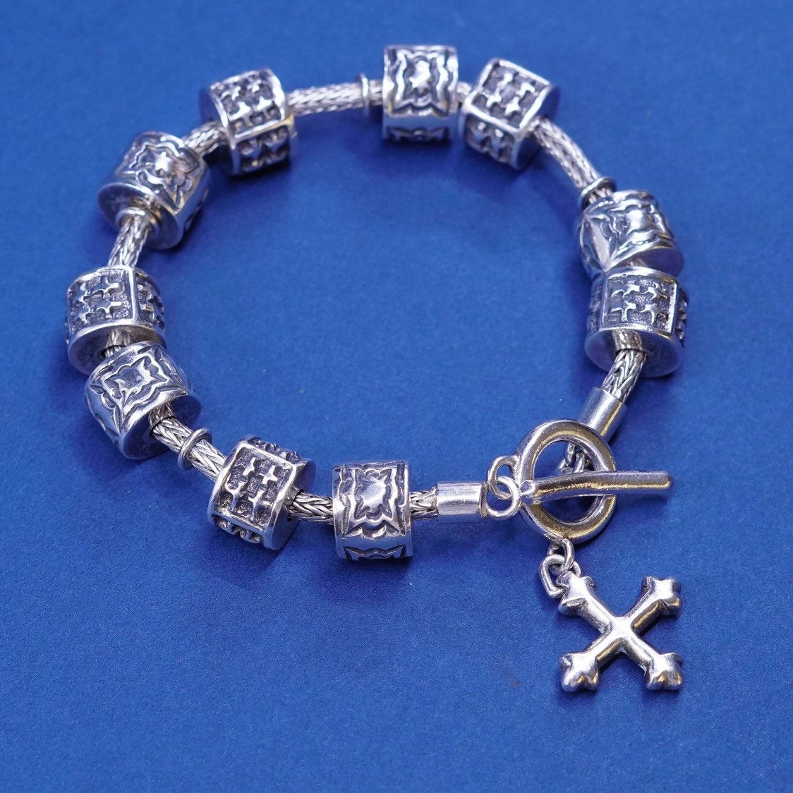 6.25, 4mm Sterling silver handmade bracelet 925 wheat chain w/ 10 charm N cross