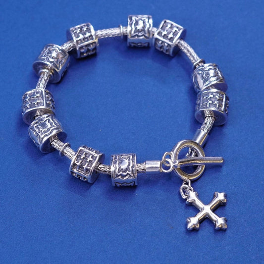 6.25, 4mm Sterling silver handmade bracelet 925 wheat chain w/ 10 charm N cross