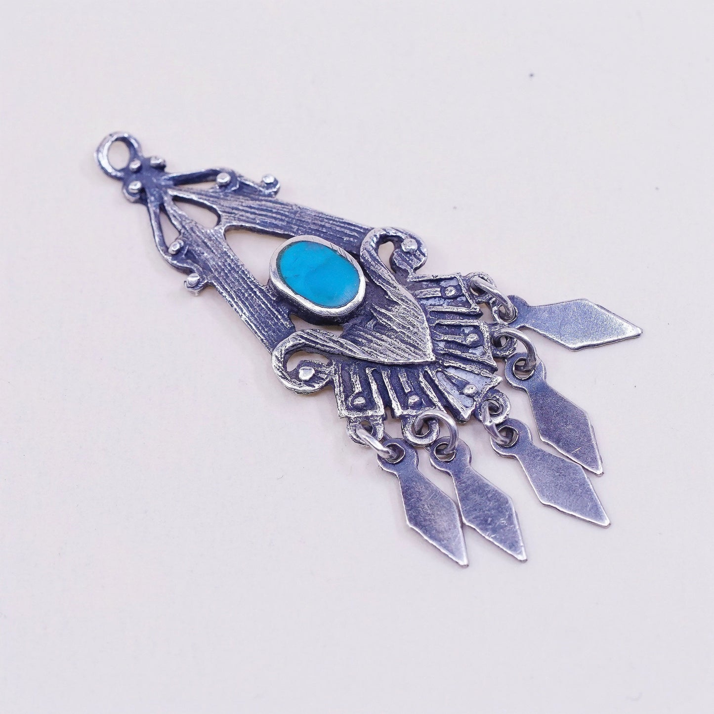 Sterling silver handmade pendant, 925 charm with turquoise and fringe dangles