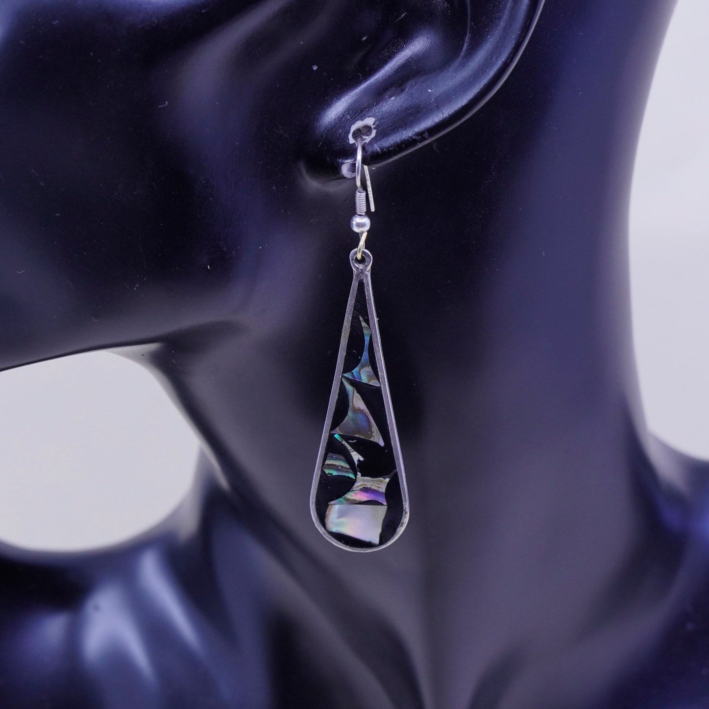 Mexico alpaca silver handmade earrings, teardrop with abalone flower and resin