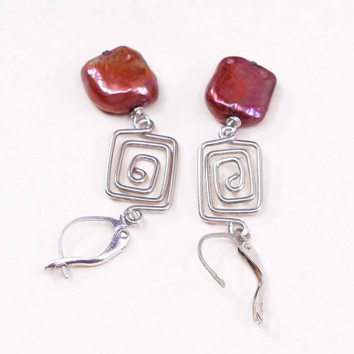 VTG sterling silver handmade earrings, 925 swirl dangles w/ red pearl beads
