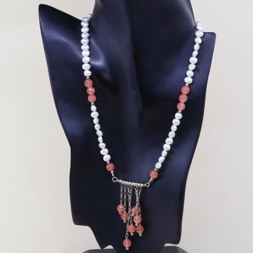 19”, Vtg 925 Sterling Silver Pink Rose Quartz Pearl Beads W/ Fringe Pendant