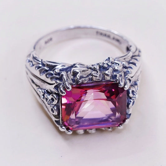 sz 7.25, VTG cocktail Sterling silver handmade ring, 925 crown w/ pink crystal