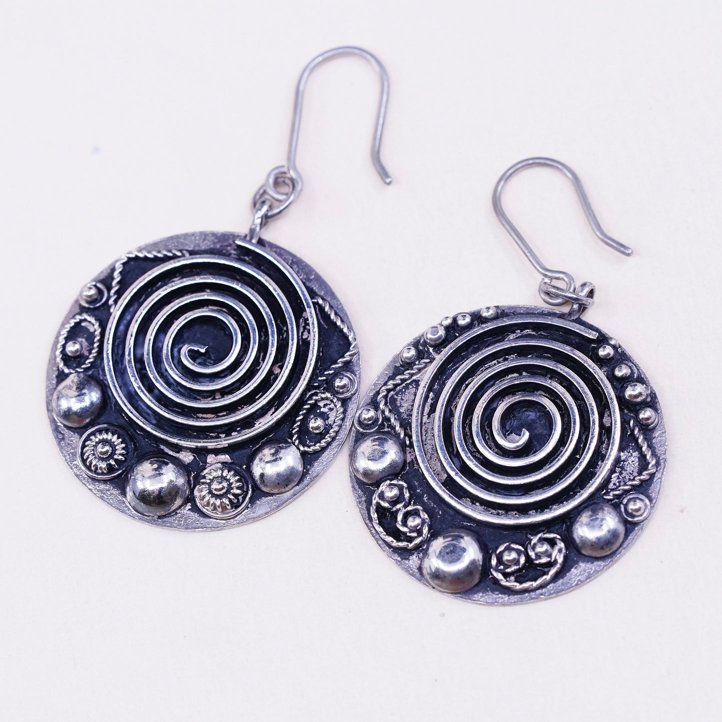 Vintage sterling silver handmade earrings, 900 swirl disc w/ beads