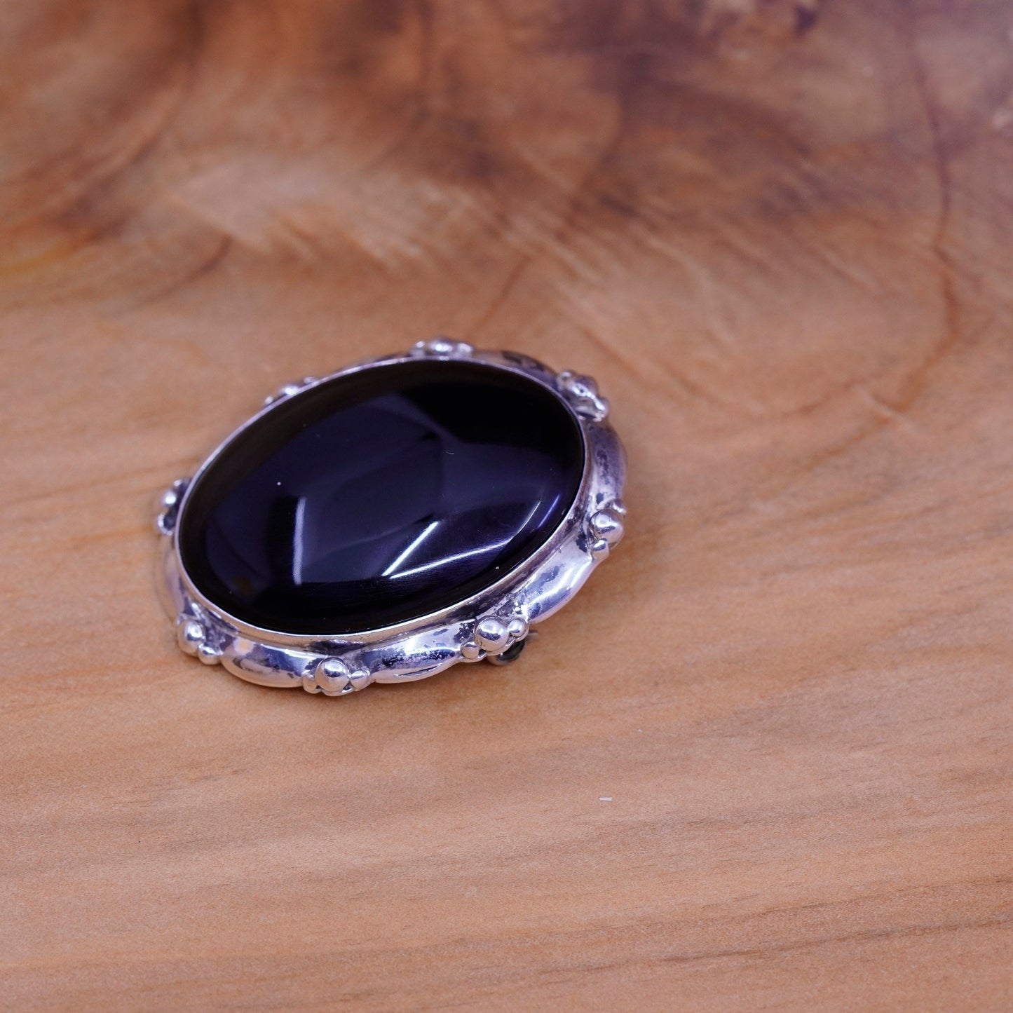 Native American O smith handmade sterling 925 silver oval brooch with obsidian