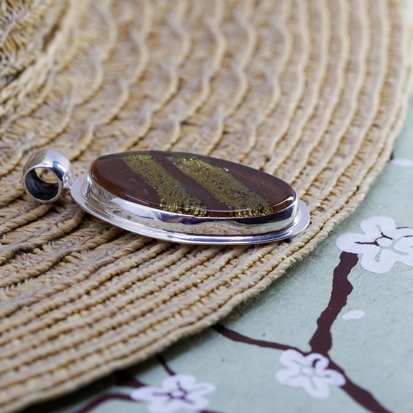 Vintage Sterling 925 silver handmade pendant with foil glass, unique