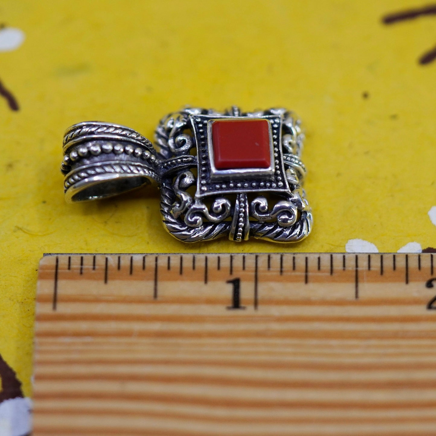 Vintage Sterling 925 silver handmade square Bali pendant with red onyx