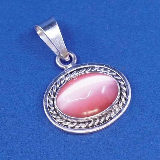 vtg Sterling silver handmade pendant, 925 charm w/ oval pink tiger eye N cable