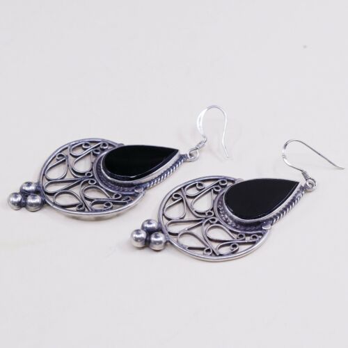 Vtg Sterling Silver Handmade Earrings, 925 Silver Teardrop W/ Obsidian N Beads