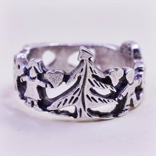 Size 6, sterling silver handmade ring, 925 filigree tree children lion band