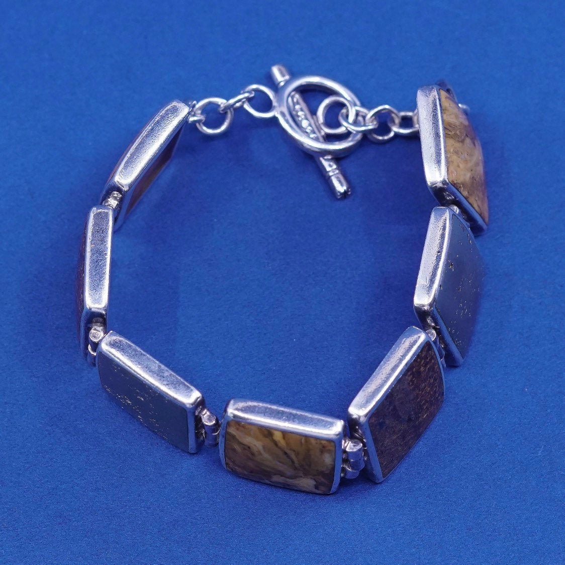 7", vtg PB sterling silver handmade bracelet, agate pyrite N 925 toggle closure