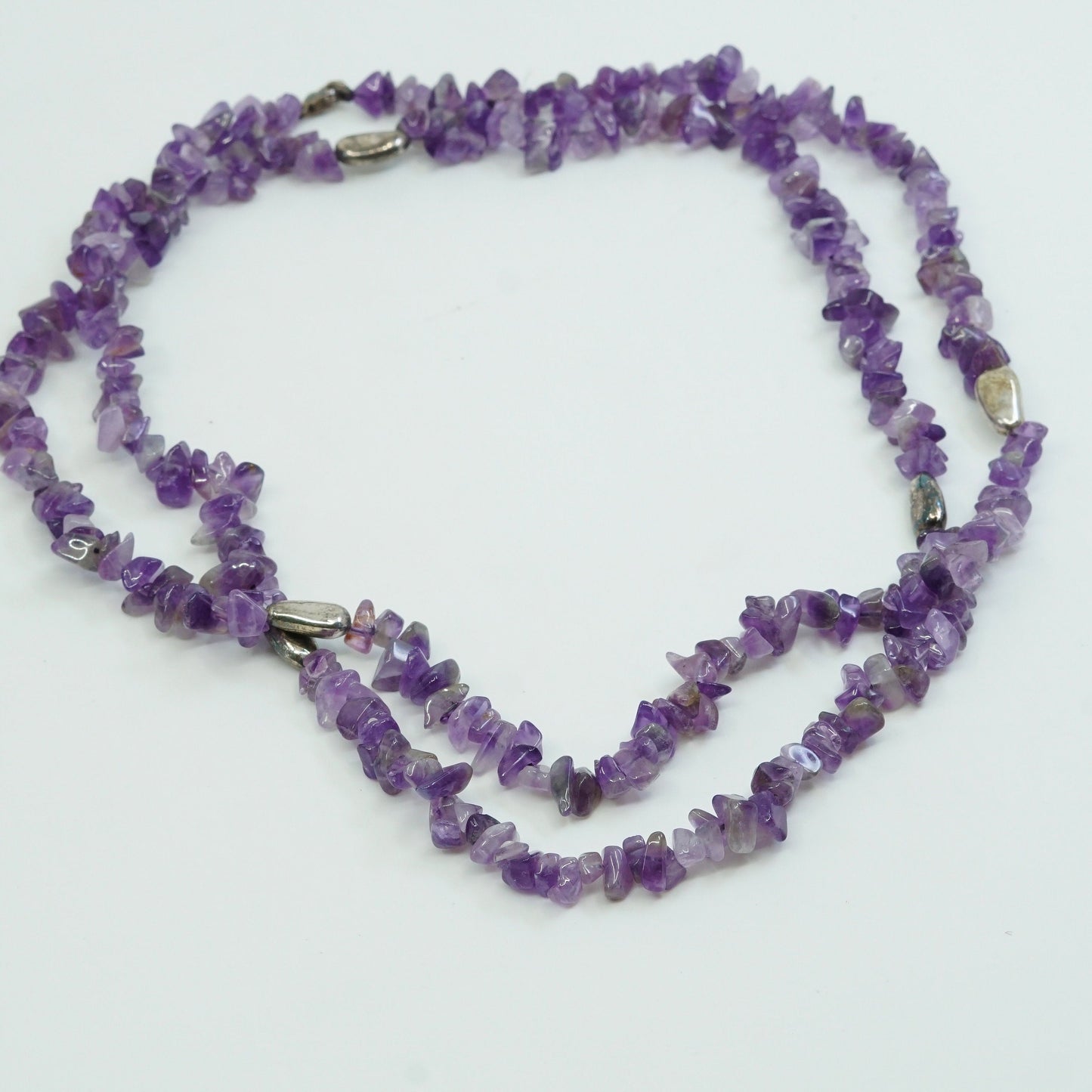 40”, vtg sterling silver handmade necklace, amethyst N 925 nugget beads