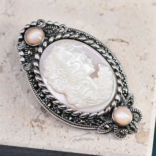 Vintage Sterling silver 925 pendant brooch with mother of pearl cameo marcasite