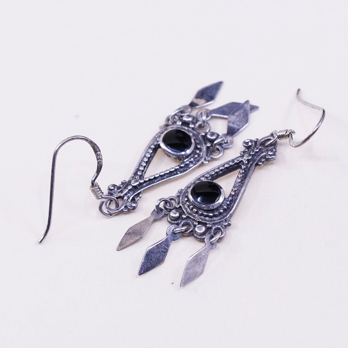 Vintage Sterling silver handmade earrings, 925 drops with obsidian and fringe