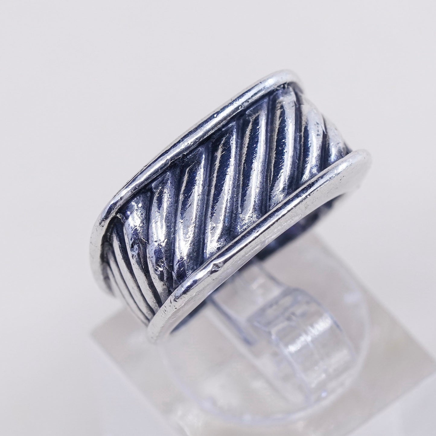 sz 6, vtg sterling silver handmade statement ring, 925 cable ribbed band