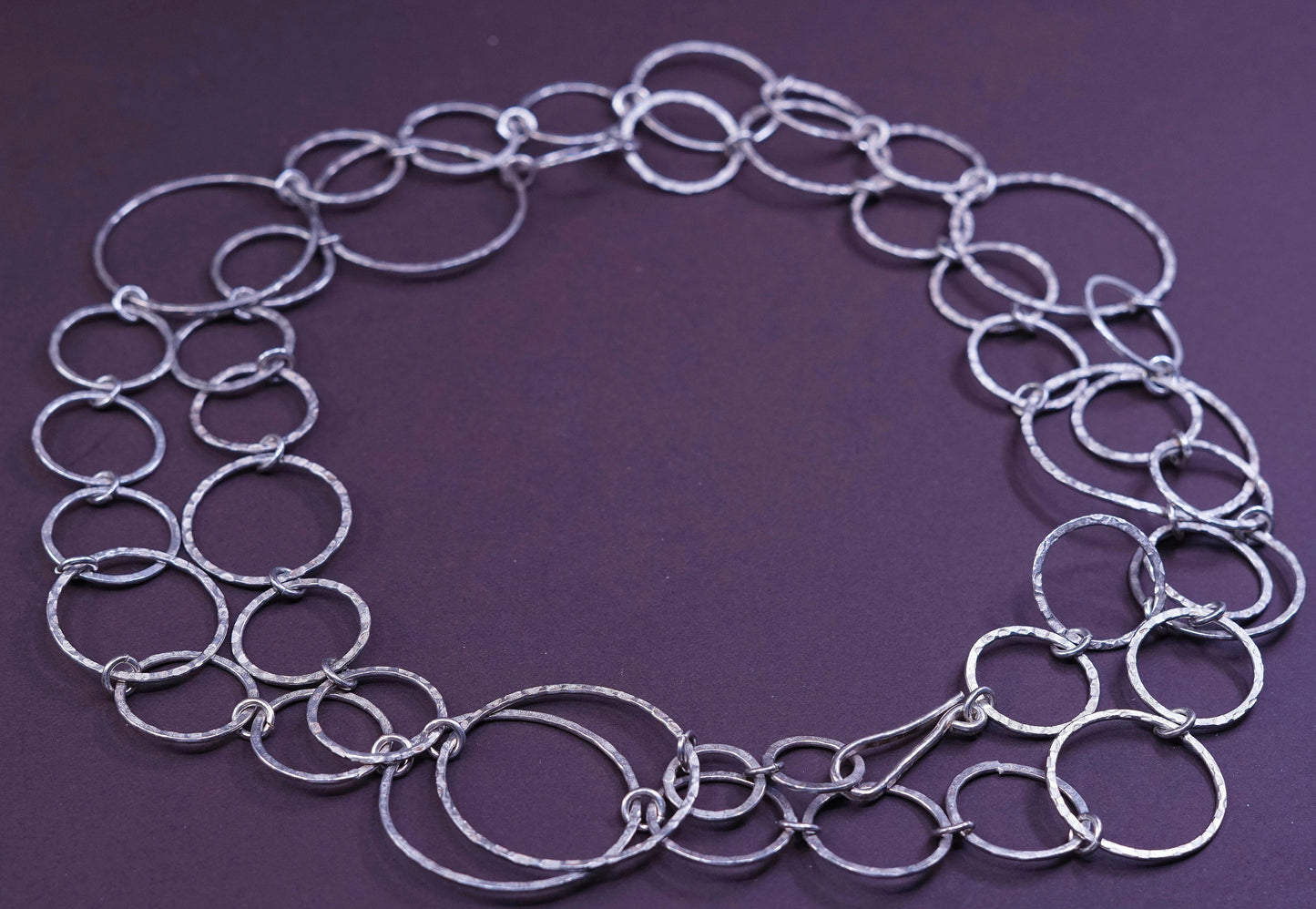 40”, vtg sterling silver handmade necklace, 925 textured flatten circle chain