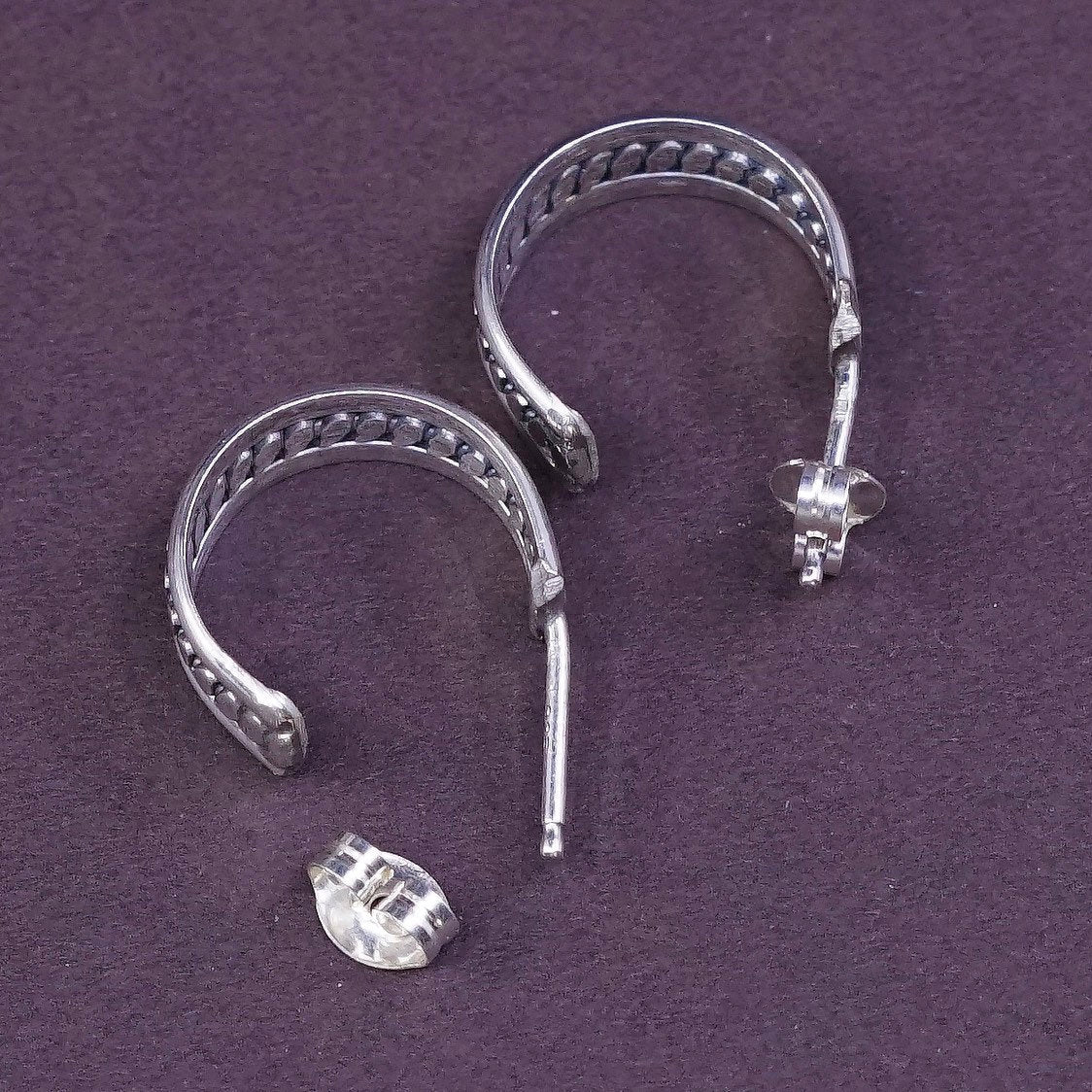 0.5", vintage Sterling silver handmade earrings, 925 silver textured hoops