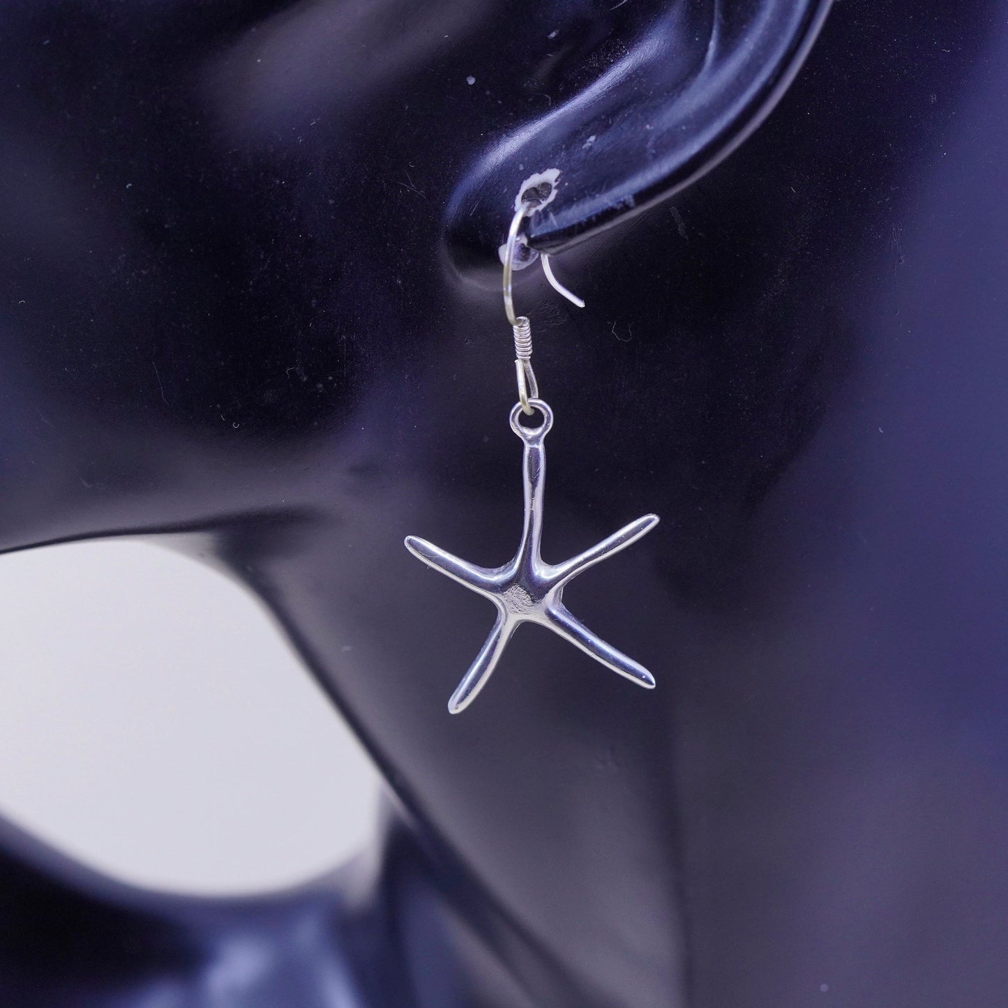 Vintage sterling silver modern earrings, 925 textured star starfish w/ crystal