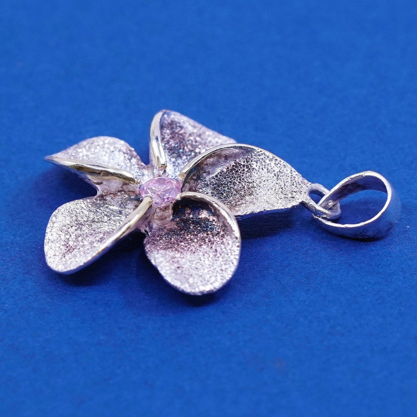 Vintage Sterling silver handmade pendant, 925 flower with pink, stamped 925