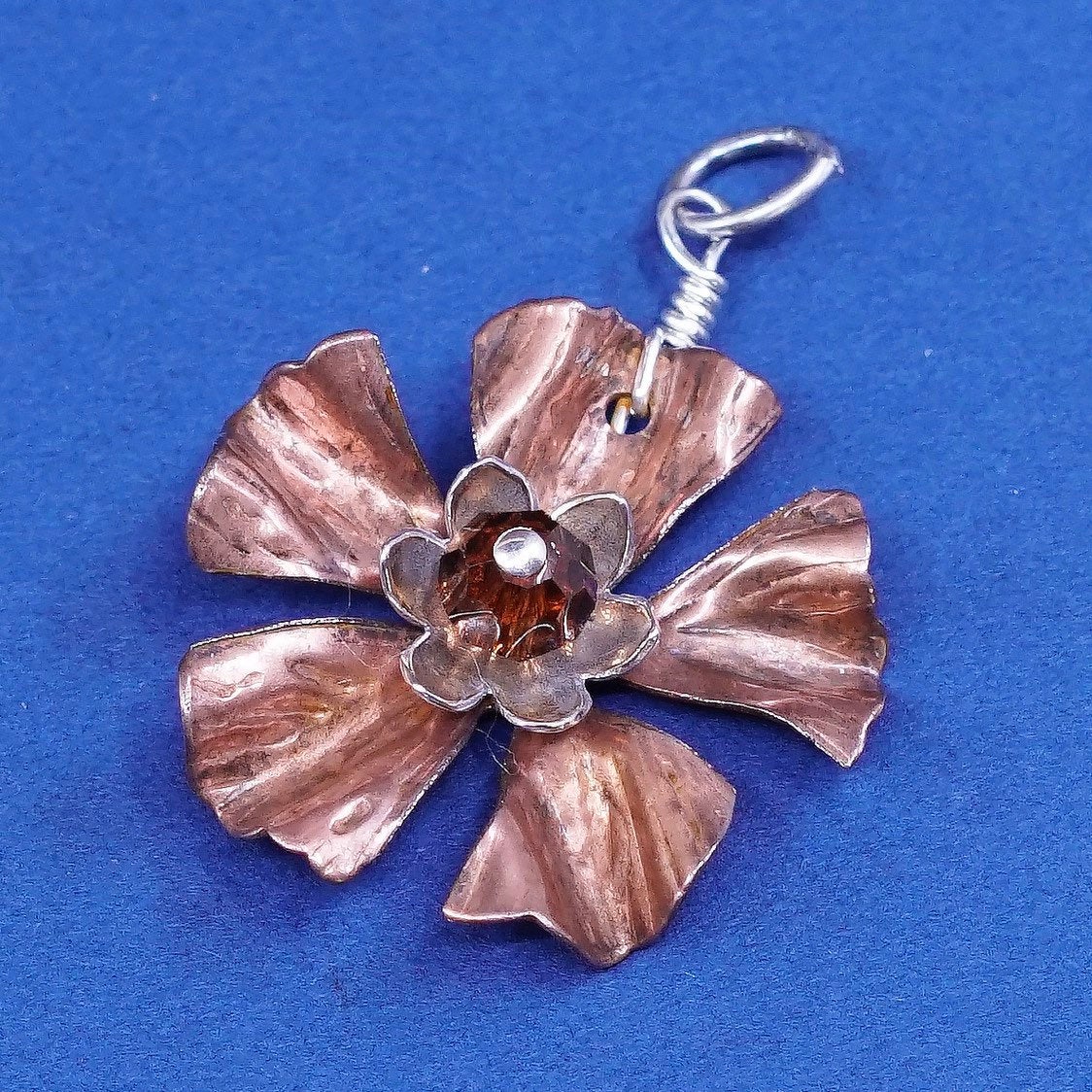 vtg copper handmade flower pendant w/ sterling 925 silver ring ruby crystal