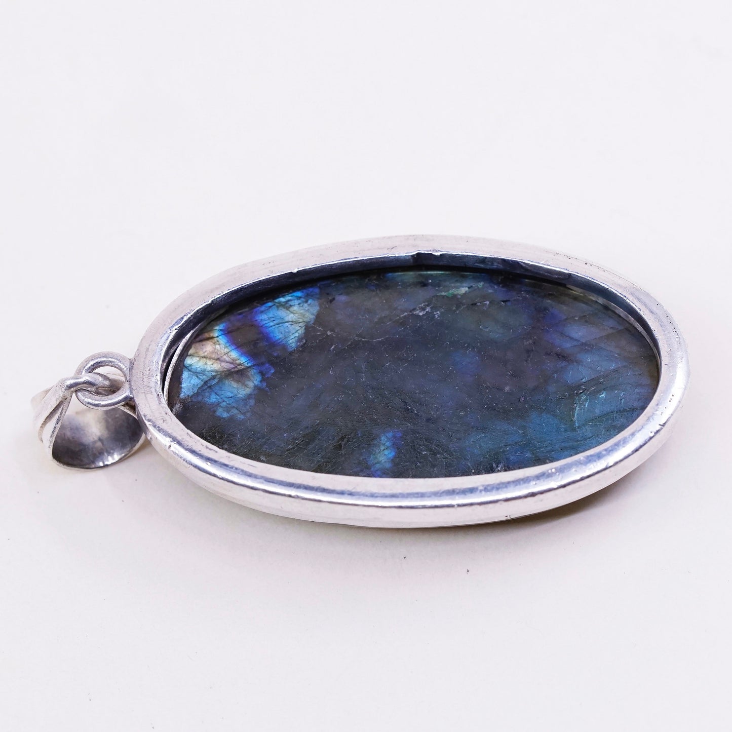 vtg Sterling silver handmade slide pendant, Mexican 925 w/ huge labradorite