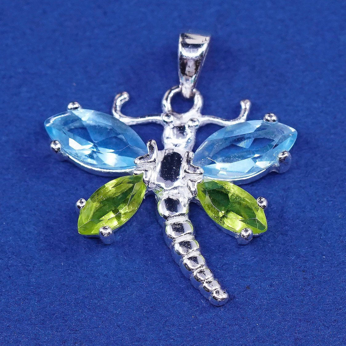 vtg Sterling silver handmade butterfly pendant, 925 w/ blue N green cz