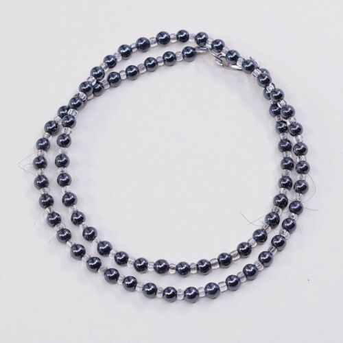 16”, Sterling 925 Silver Handmade Necklace, Hematite N Crystal Beads