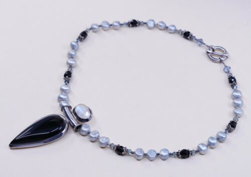 16” Handmade Sterling 925 Silver pearl Necklace W/ Obsidian Moonstone Pendant