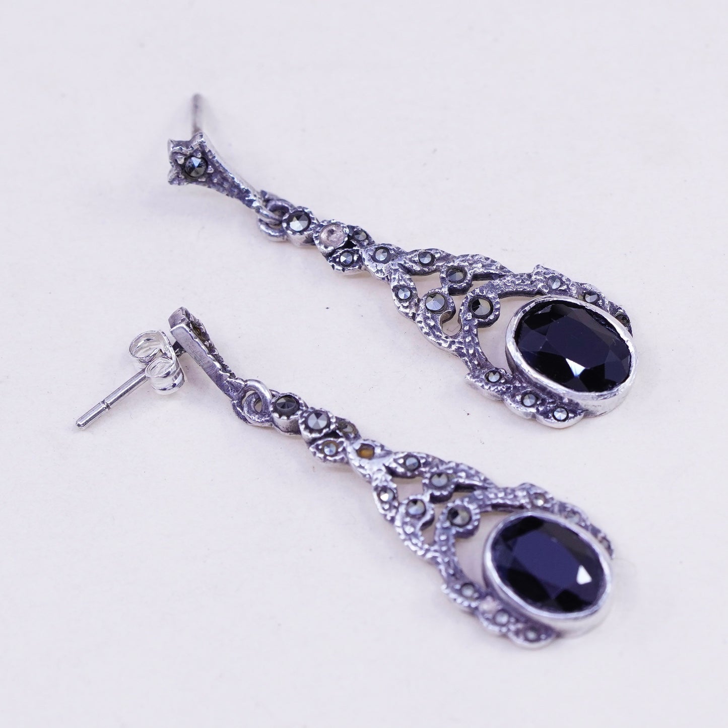 Vintage Sterling 925 silver handmade earrings with oval obsidian and marcasite