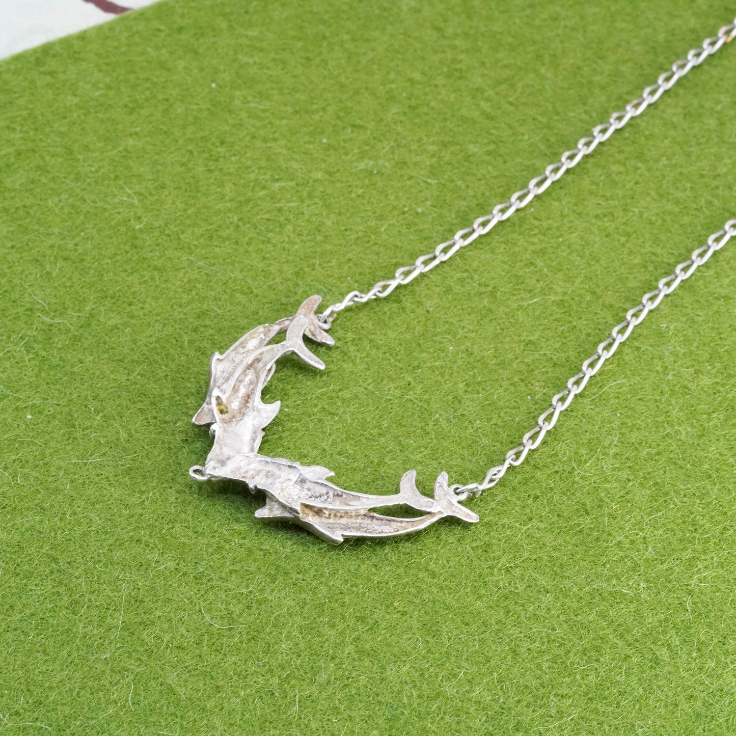 17”, sterling 925 silver handmade necklace, curb chain with dolphins pendant