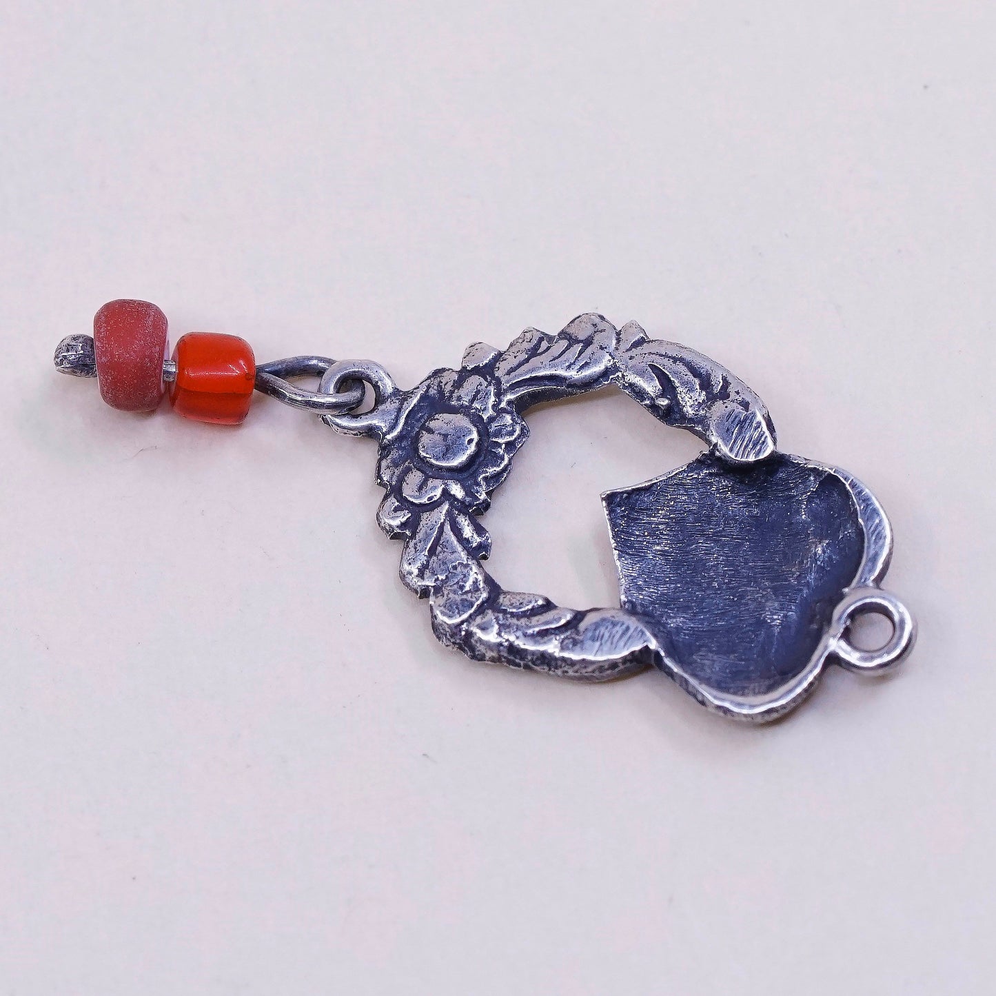 VTG handmade sterling silver charm, 925 heart pendant W/ coral, silver tested