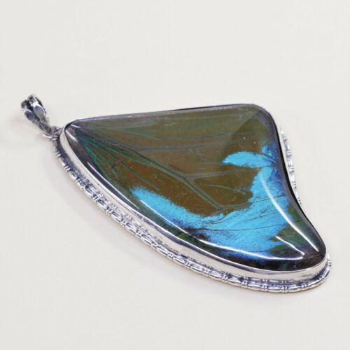 Vintage Sterling Silver Handmade Pendant, 925 With Resin Blue Butterfly Wing