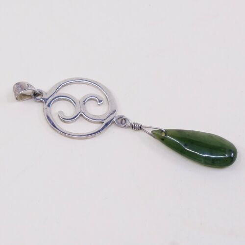 Vtg Sterling Silver Handmade Swirl Pendant w/ Teardrop jade, Stamped 925