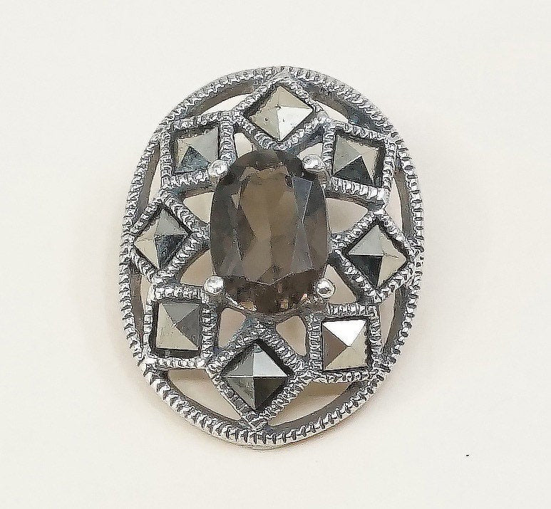 vtg sterling silver handmade pendant, Mexico 925 w/ marcasite oval pendant