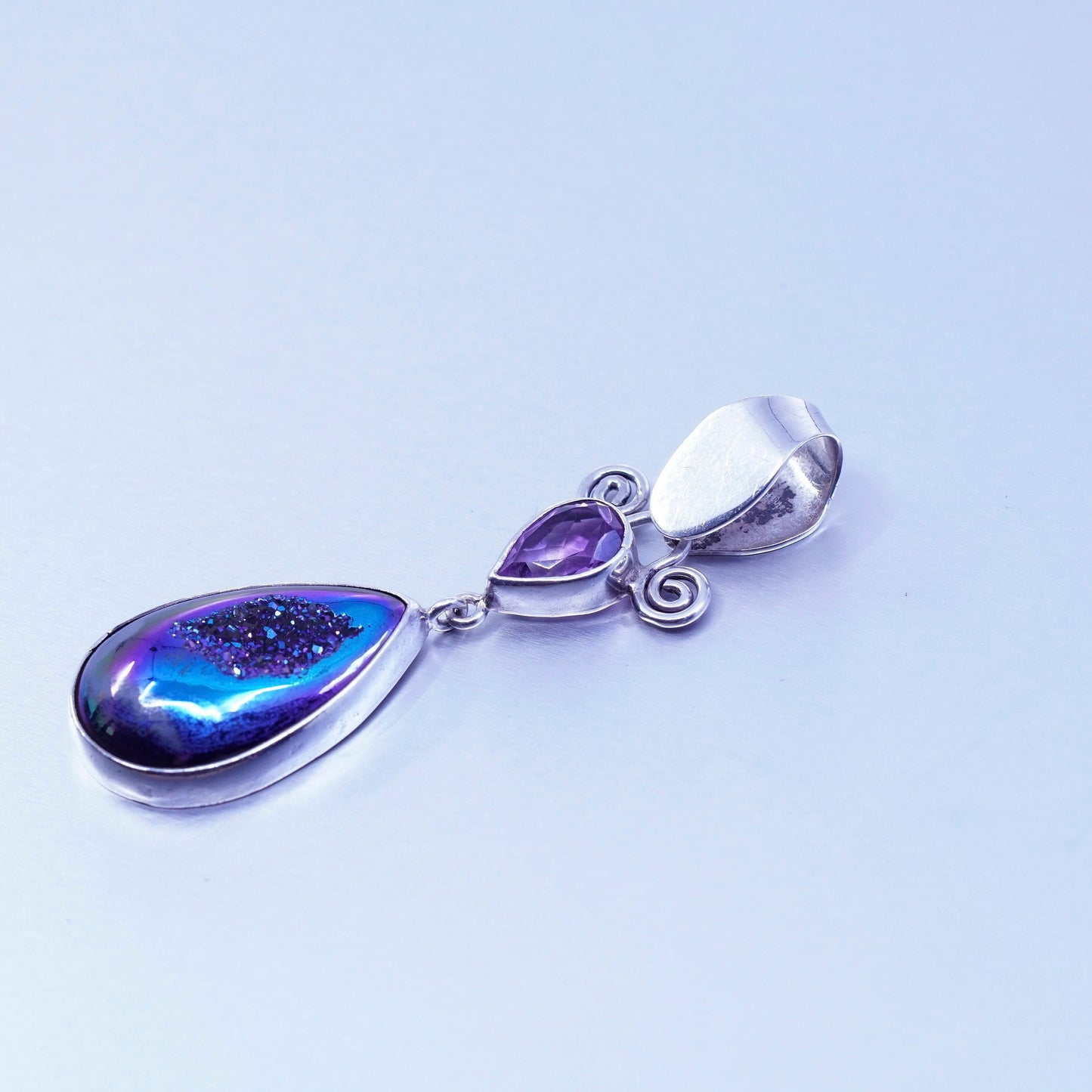 designer sterling 925 silver teardrop pendant amethyst blue metallic druzy