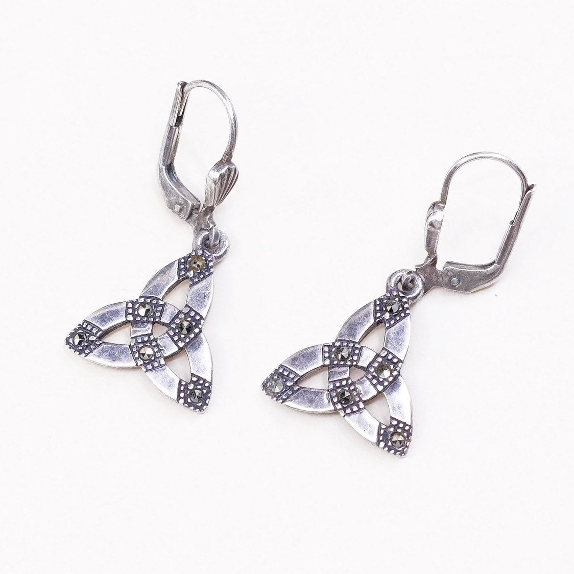 vtg sterling silver handmade earrings, 925 irish entwined drops w/ marcasite