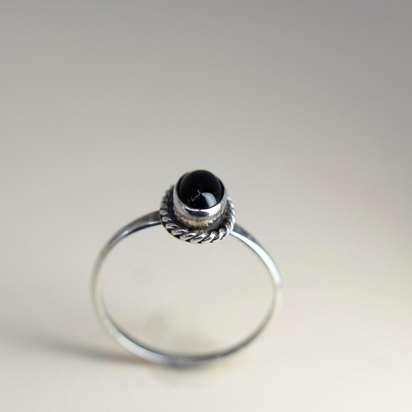 Size 9, Native American HB sterling silver 925 stackable ring w/ oval obsidian