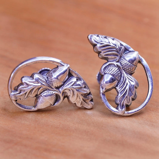 Vintage Sterling silver handmade earrings, 925 acorn leaves screw back earrings