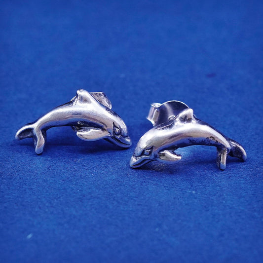 vtg Sterling silver handmade earrings, 925 dolphin studs