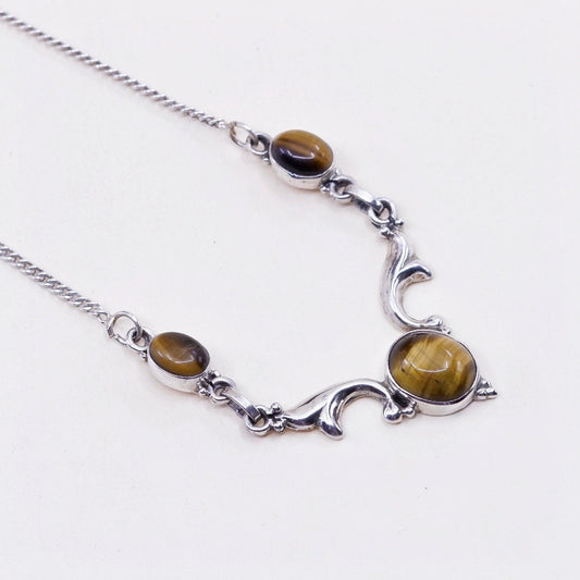 17”, mexico curb sterling 925 silver handmade necklace golden tiger eye pendant