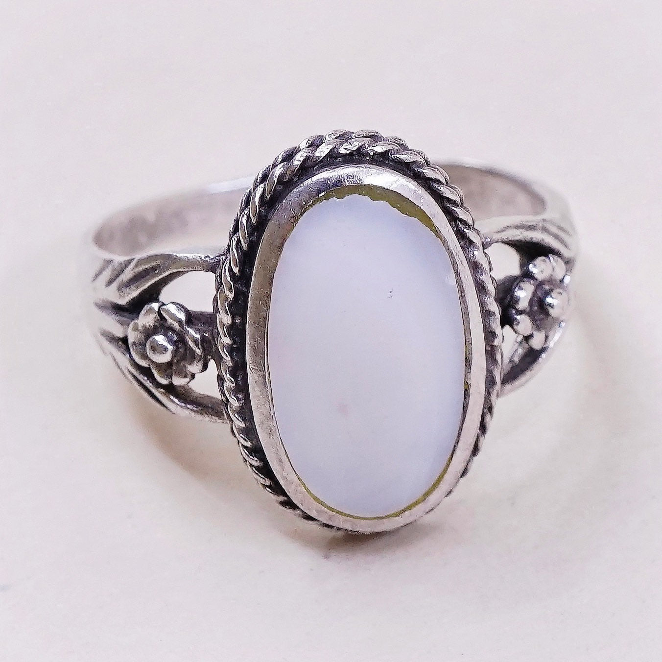 sz 7.75, vtg sterling silver handmade ring, 925 w/ mother of pearl