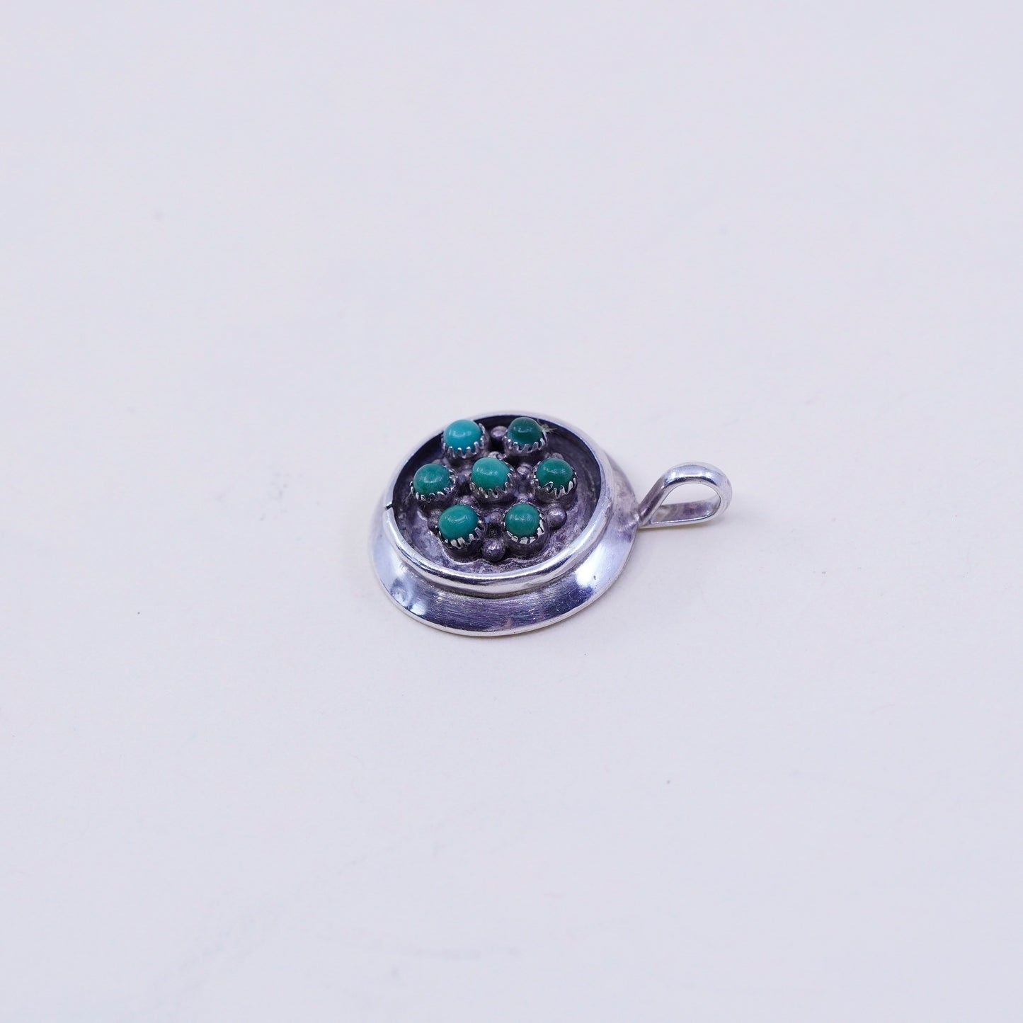 Zuni southwestern sterling silver handmade pendant, 925 circle with turquoise