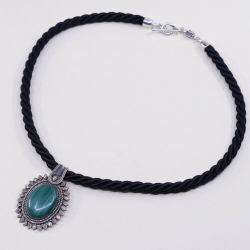 18” Michael dawkins Black Silk Chain W/ Sterling 925 Silver Malachite Necklace